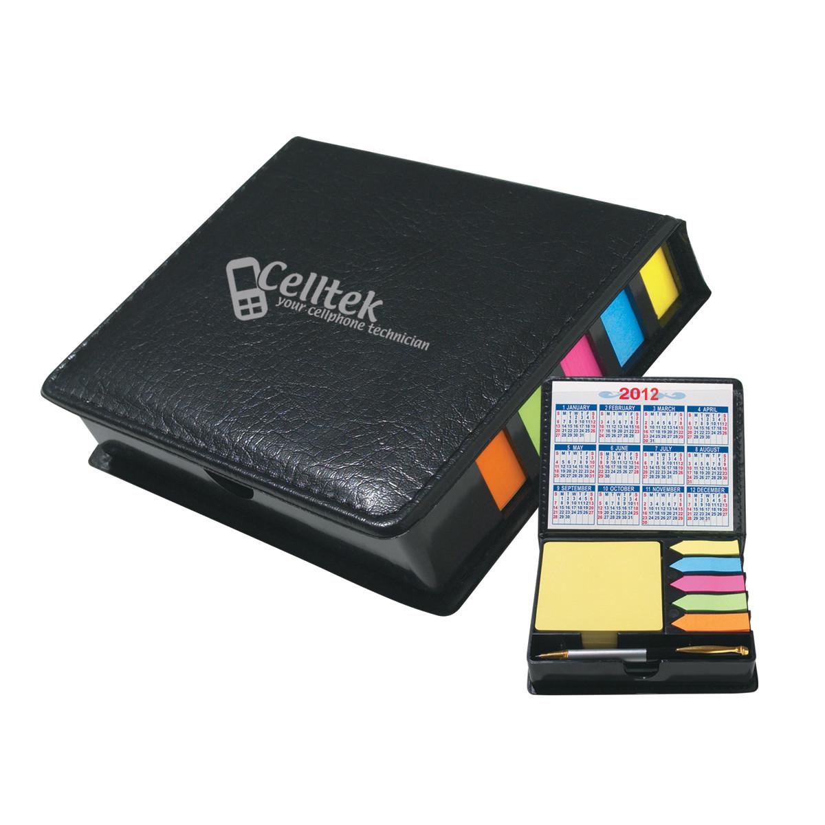 SQUARE LEATHER LOOK CASE OF STICKY NOTES WITH CALENDAR & PEN